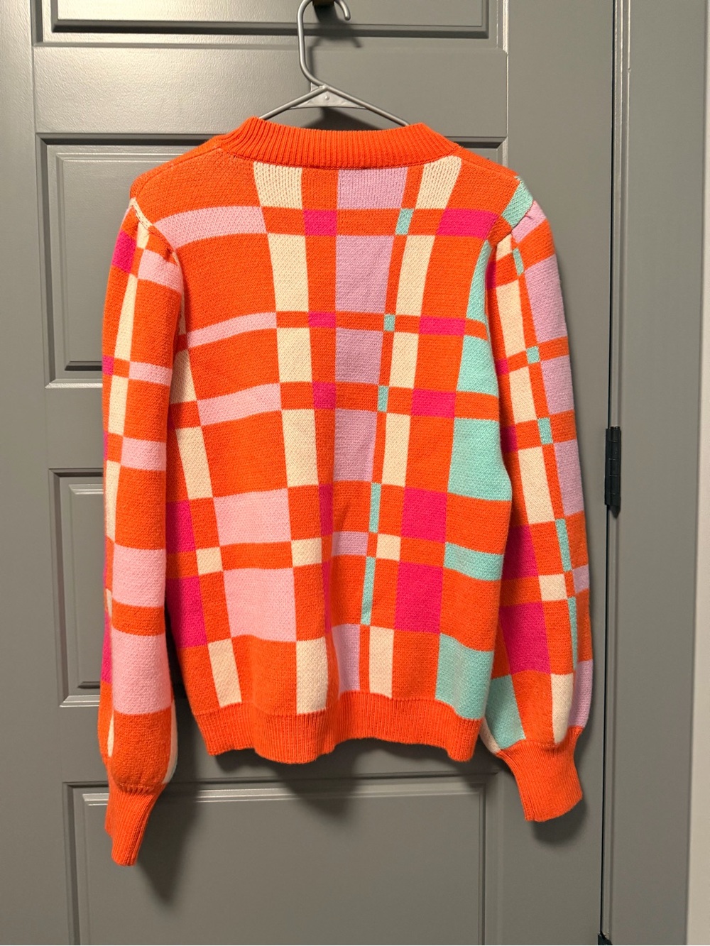 THML Long Sleeve Knit Orange Plaid Colorblock Crewneck Sweater MEDIUM - Picture 5 of 6